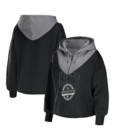 Women's Wear by Erin Andrews Black Brooklyn Nets Pieced Quarter-Zip Hoodie Jacket