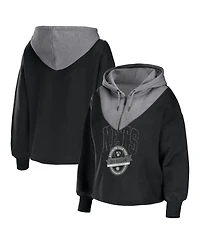 Women's Wear by Erin Andrews Black Brooklyn Nets Pieced Quarter-Zip Hoodie Jacket