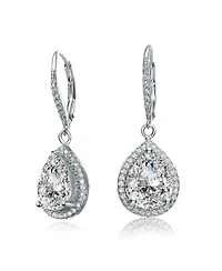 Sterling Silver white Gold Plated Pear Drop Cubic Zirconia Cluster Pear Leaver Back Earrings