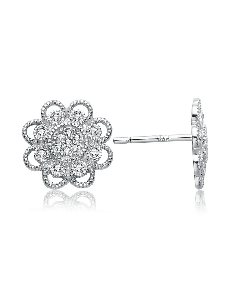 Sterling Silver Cubic Zirconia White Gold Plated Round Lace Design Earrings