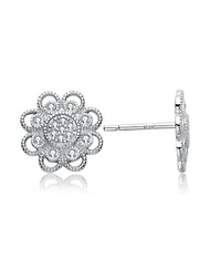 Sterling Silver Cubic Zirconia White Gold Plated Round Lace Design Earrings