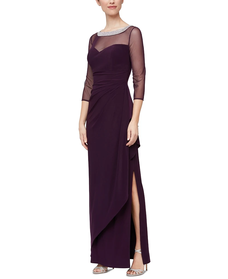 Alex Evenings Petite 3/4-Sleeve Illusion Ruffled Gown
