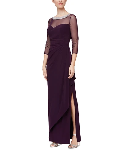 Alex Evenings Petite 3/4-Sleeve Illusion Ruffled Gown