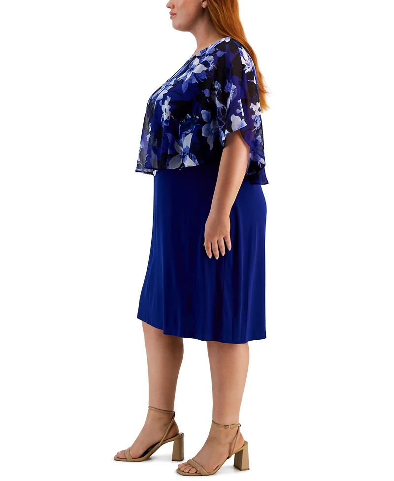 Connected Plus Floral-Print Capelet Sheath Dress