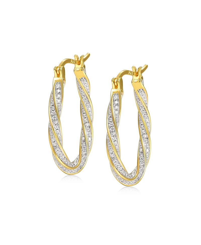 14k Gold Plated with Cubic Zirconia Oval Oblong Twist Hoop Earrings in Sterling Silver