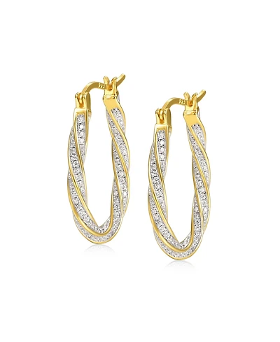 14k Gold Plated with Cubic Zirconia Oval Oblong Twist Hoop Earrings in Sterling Silver