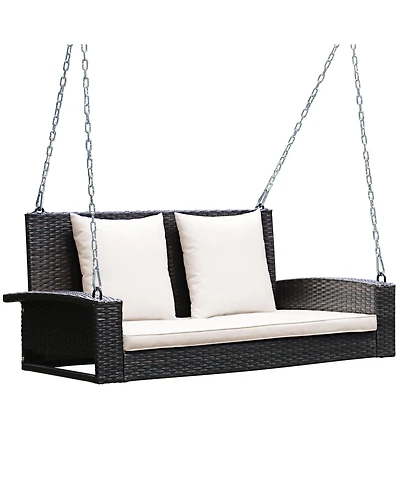 2-Person Patio Rattan Hanging Porch Swing Bench Chair Cushion