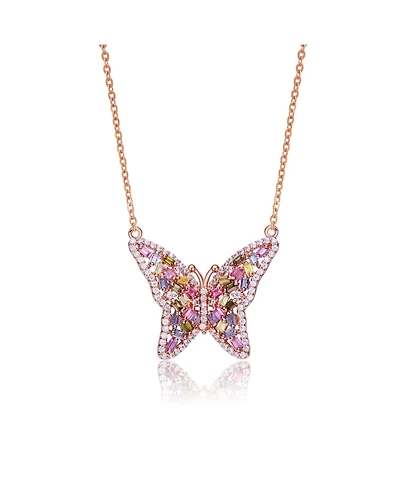 Long Lasting Sterling Silver 18K Rose Plated Multi Color Cubic Zirconia Butterfly Necklace
