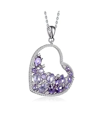 Sterling Silver with White Gold Plating Purple Oval with Clear Round Cubic Zirconia Open Heart Necklace