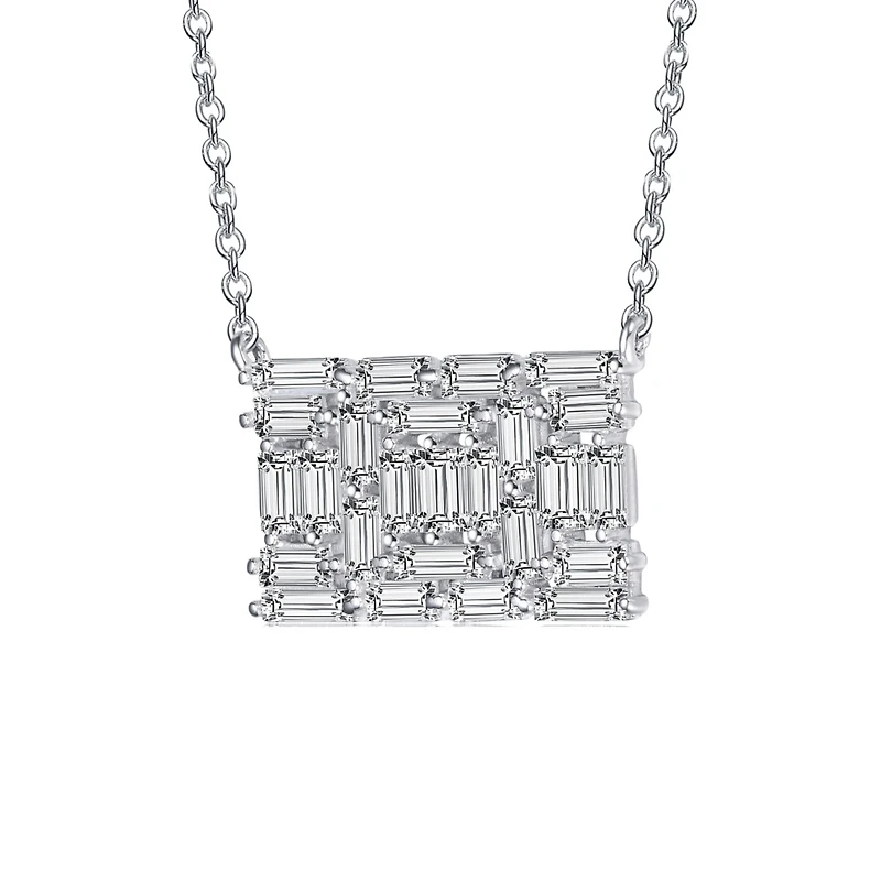 Sterling Silver with White Gold Plating Clear Green Cubic Zirconia Rectangular Cluster Necklace