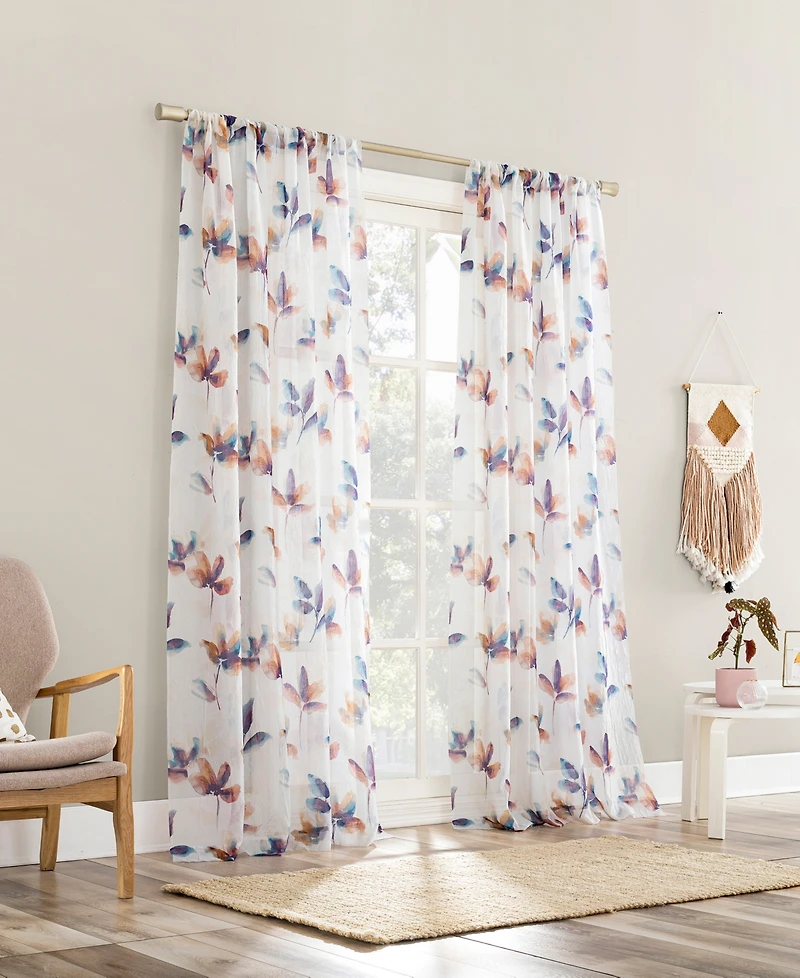Ellie Floral Print Sheer Rod Pocket Curtain Panel