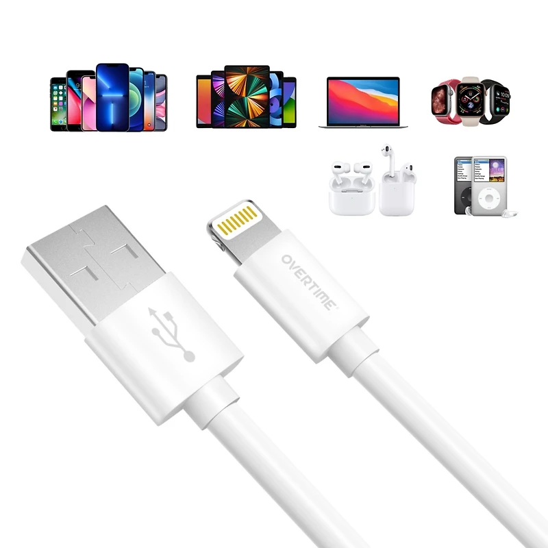 Overtime Apple MFi Certified iPhone 11/Xr/Se/10/8 4ft Charging Cable | Usb to Lightning Cable for iPhone - White