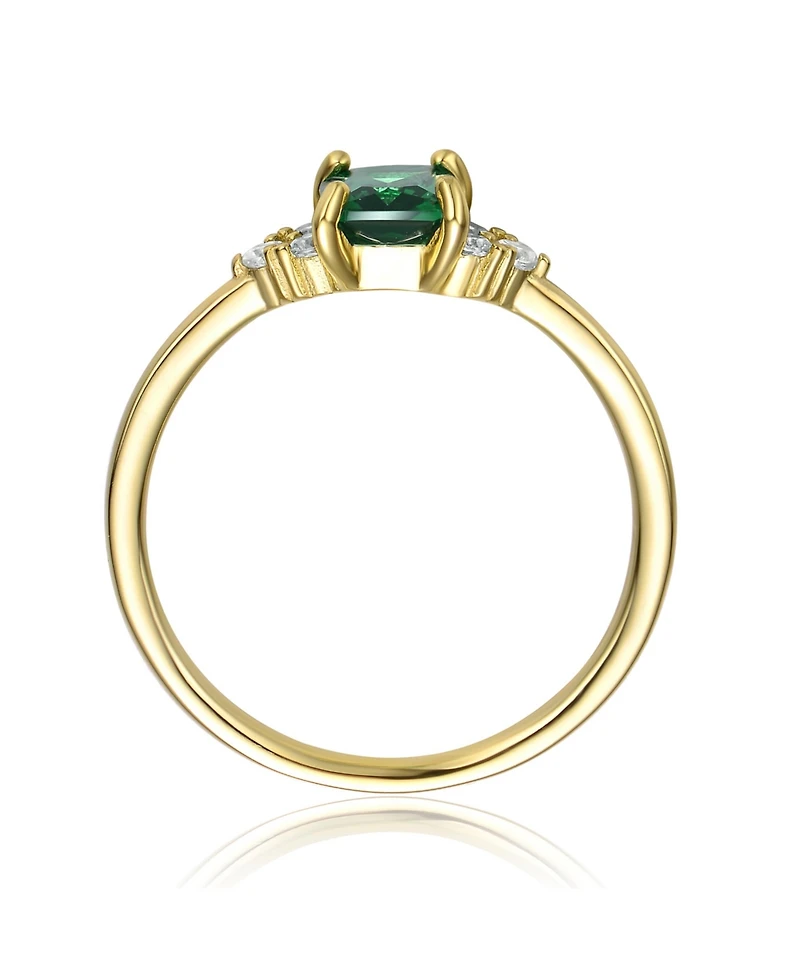 Sterling Silver 14k Yellow Gold Plated with Green & Cubic Zirconia Solitaire Cluster Statement Ring