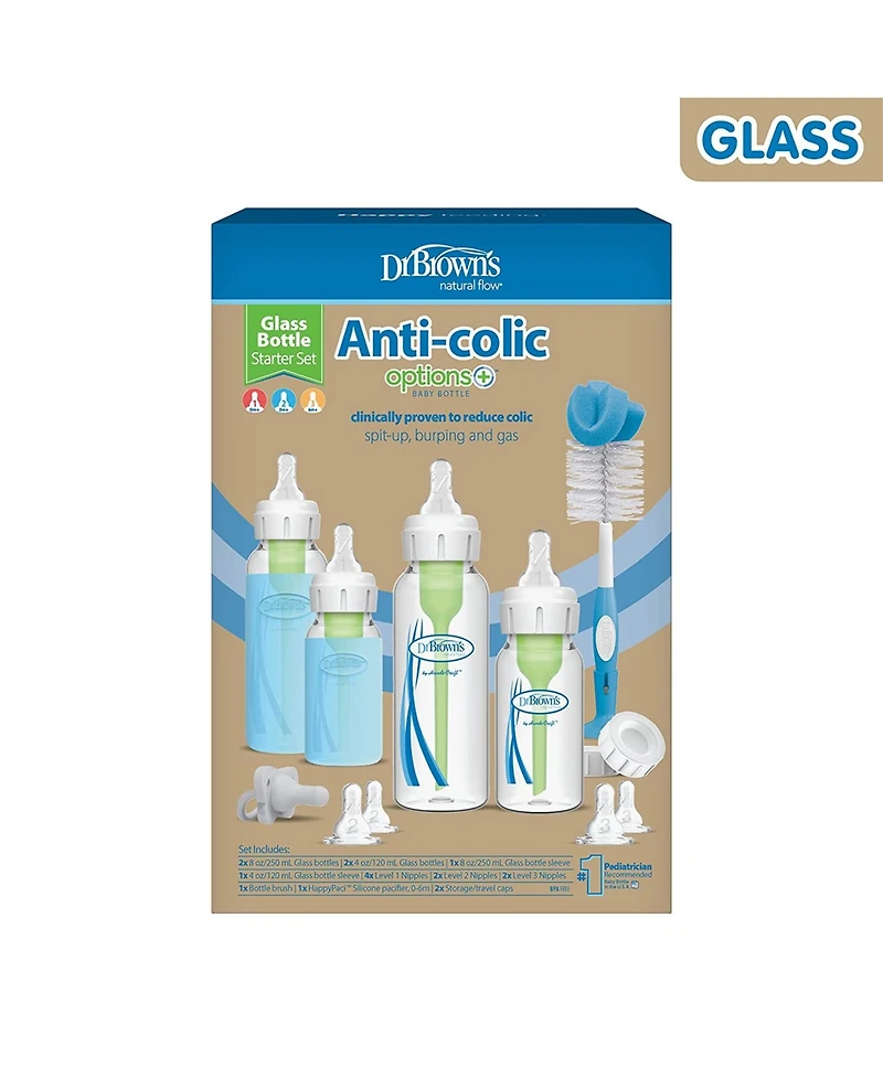 18 Piece Anti-Colic Options+ Narrow Glass Baby Bottle Starter Set