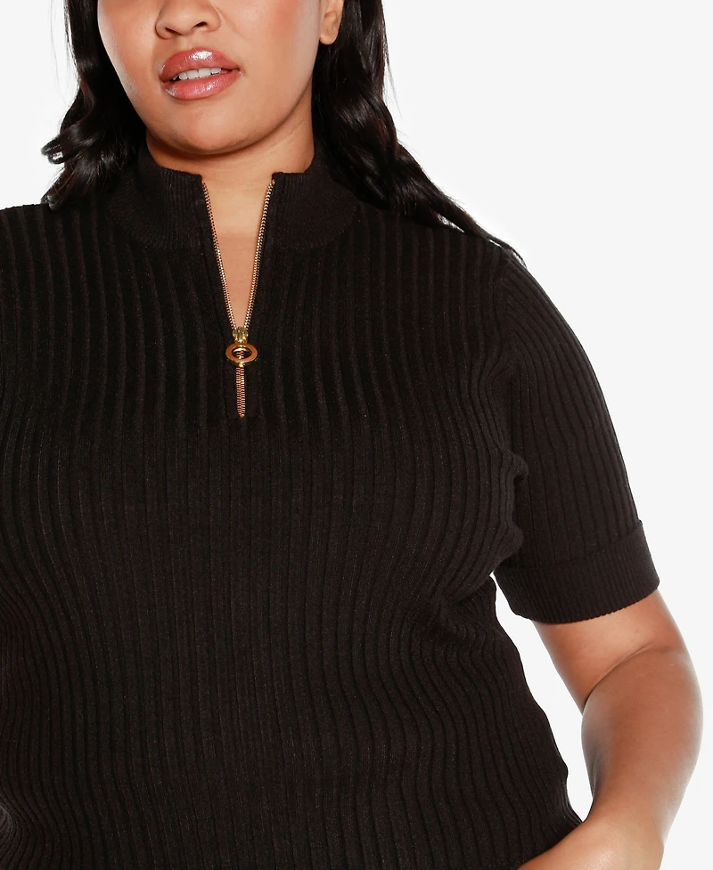 Belldini Black Label Plus Mock Neck Zip Front Ribbed Short Sleeve Sweater