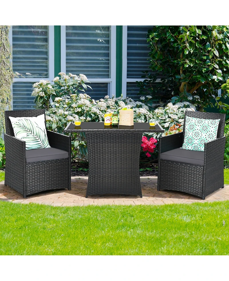 3PCS Patio Rattan Furniture Set Cushion Sofa Armrest Garden Deck