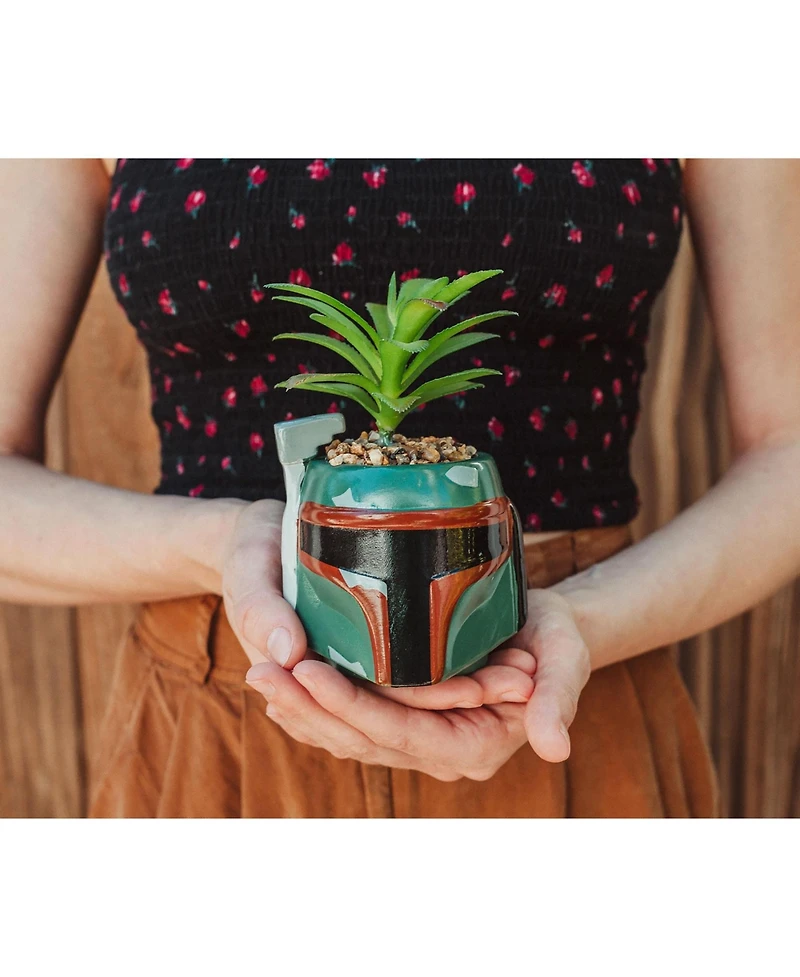 Star Wars Boba Fett Helmet 3-Inch Ceramic Planter With Artificial Succulent | Small Flower Pot, Faux Indoor Plant For Desk Shelf, Trinket Tray | Cute