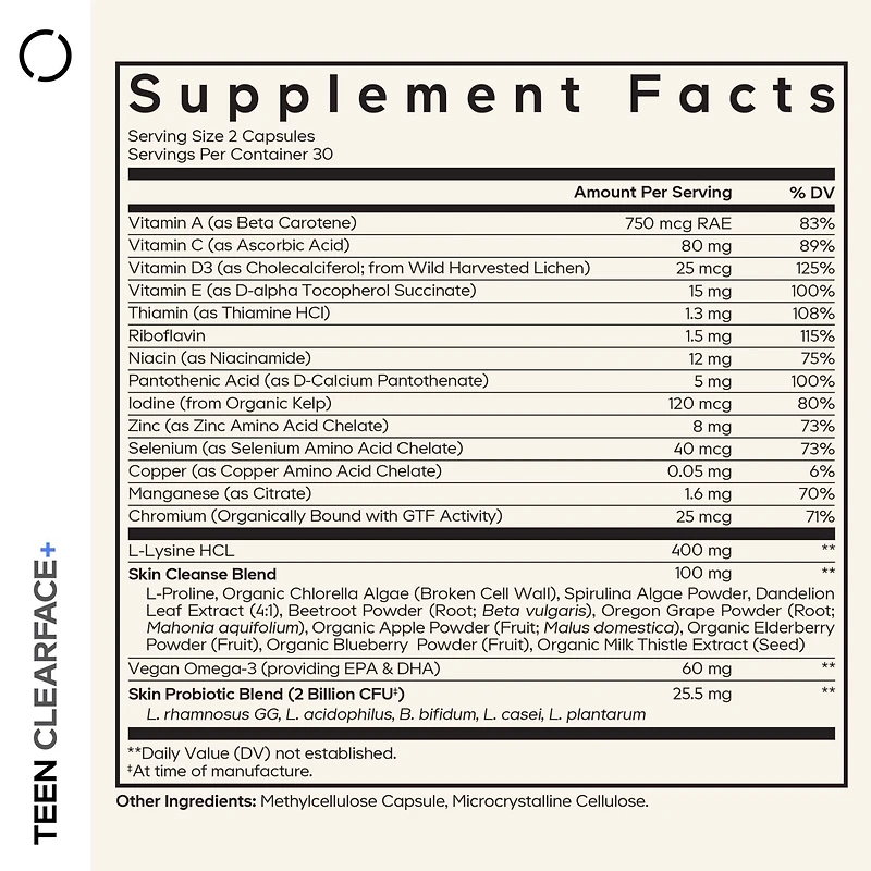Codeage Teen Clearface Adolescent Face, Skin & Pimples, Vitamins A, C, D3, E, Pantothenic Acid, Niacin, Zinc Supplement Teenagers, Probiotics, L-Lysin