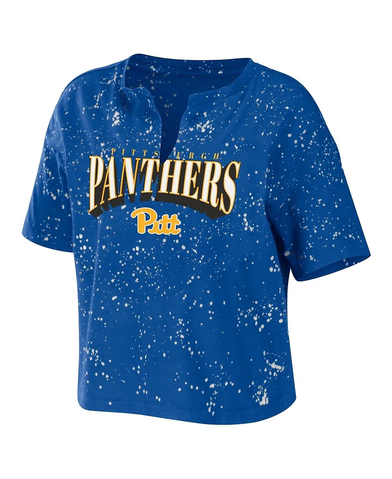 Women's Wear by Erin Andrews Royal Pitt Panthers Bleach Wash Splatter Notch Neck T-shirt