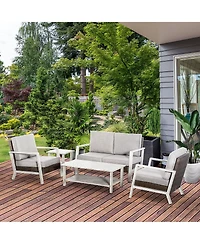 Outsunny 5-Piece Outdoor Pe Rattan Wicker Patio Furniture Set, Cushions, 1 Loveseat, 2 Armchairs, 1 Faux Wood Slat Two-Tier Center Coffee Table, 1 Two