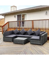 Outsunny 7-Piece Pe Rat Sectional Sofa Set with Table,