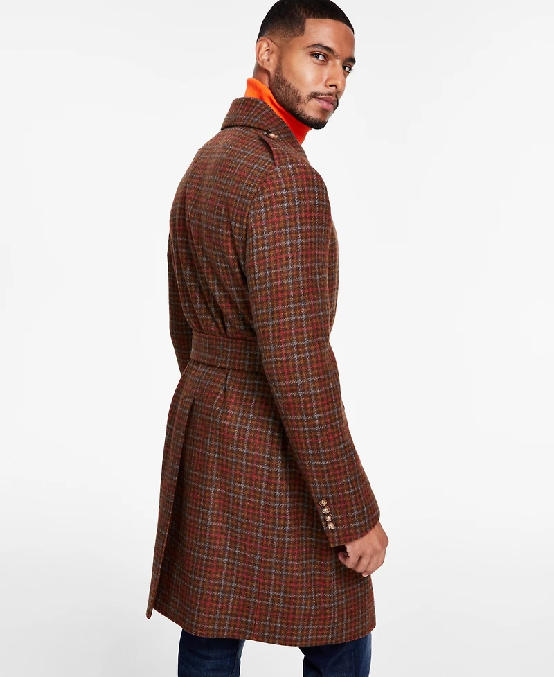Tayion Collection Men's Classic-Fit Plaid Self Belted Wool Blend Overcoats