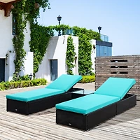 Outsunny 3 Piece Rattan Wicker Chaise Lounge Set, Cushioned Poolside Reclining Lawn Chairs with Tempered Glass Outdoor Side Table, Teal