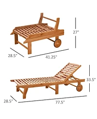 Outsunny Outdoor Folding Chaise Lounge Chair Recliner with Wheels, Acacia Wood Frame - Teak Color