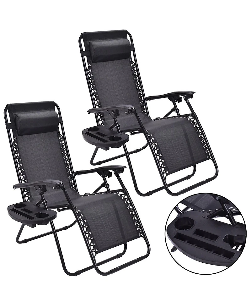 2 Pcs Folding Zero Gravity Reclining Lounge Chairs Beach Patio with Utility Tray
