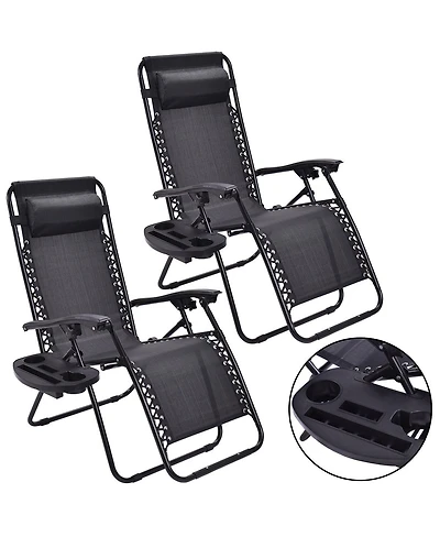 2 Pcs Folding Zero Gravity Reclining Lounge Chairs Beach Patio with Utility Tray