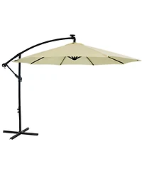 Outdoor Steel Cantilever Offset Patio Umbrella with Solar Led Lights, Air Vent, Crank, and Base - 9'