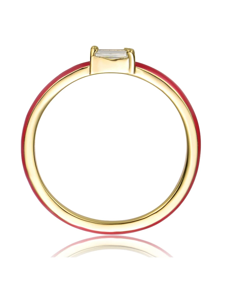 Ra Young Adults/Teens 14k Yellow Gold Plated with Cubic Zirconia Baguette Solitaire Magenta-Red Enamel Slim Stacking Ring