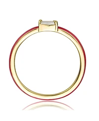 Ra Young Adults/Teens 14k Yellow Gold Plated with Cubic Zirconia Baguette Solitaire Magenta-Red Enamel Slim Stacking Ring