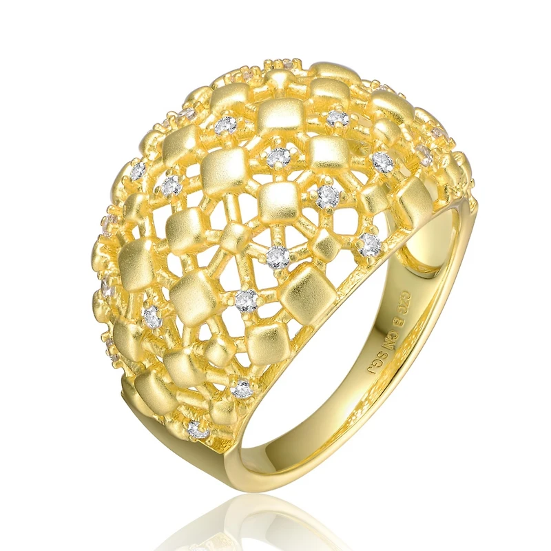 Ra 14k Yellow Gold Plated with Cubic Zirconia Dome-Shaped Textured Nugget Ring