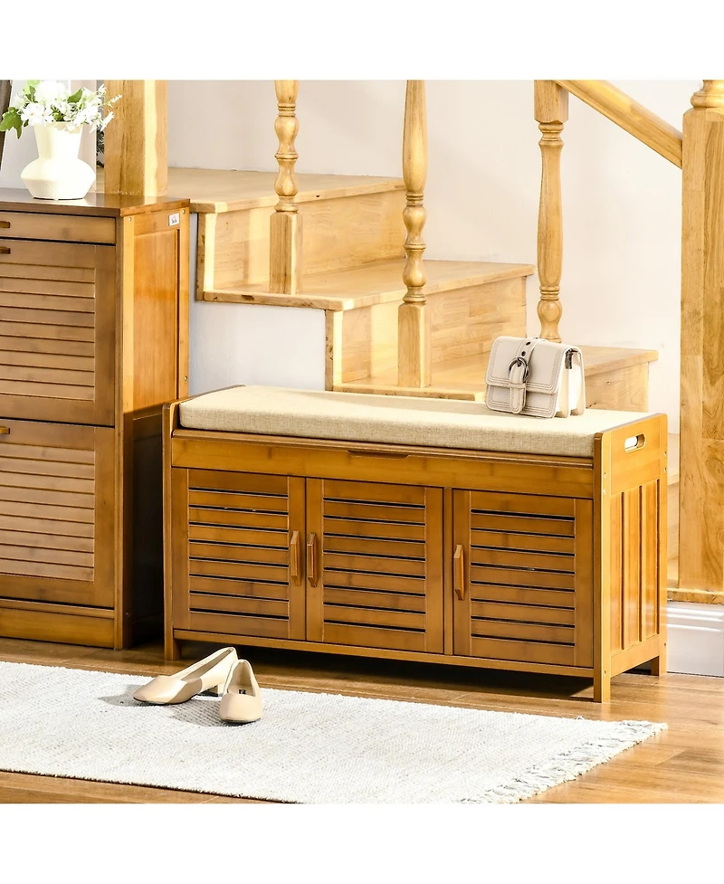 Homcom Upholste Shoe Bench with Storage Cabinet and Cushion, Dark Cherry