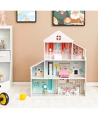 Costway Wooden Dollhouse For Kids 3-Tier Toddler Doll House W/Furniture Gift For Age 3+