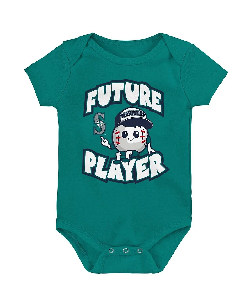 Newborn and Infant Boys Girls Teal, Navy, White Seattle Mariners Minor League Player Three-Pack Bodysuit Set