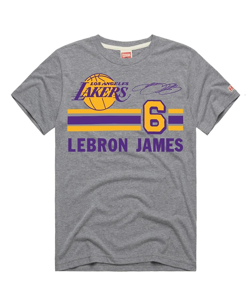 Men's Homage LeBron James Gray Los Angeles Lakers Number Tri-Blend T-shirt