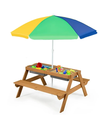 3-in-1 Kids Picnic Table Wooden Outdoor Sand & Water Table w/Umbrella Play Box es