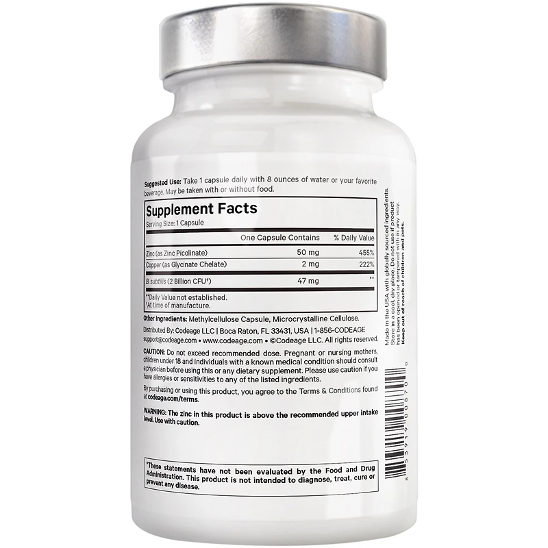 Amen Zinc & Copper Supplement + Probiotics, 3 Months Supply, One Per Day - 50 mg Zinc Picolinate Vitamin Pills