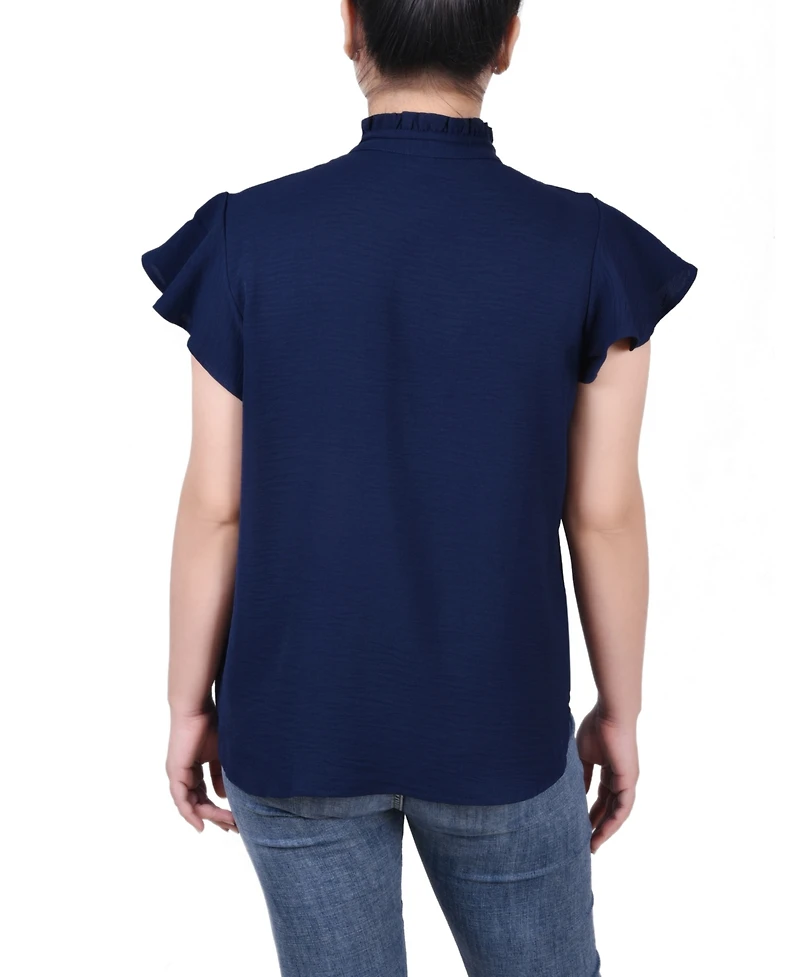 Ny Collection Petite Flutter Sleeve Ruffle Neck Blouse