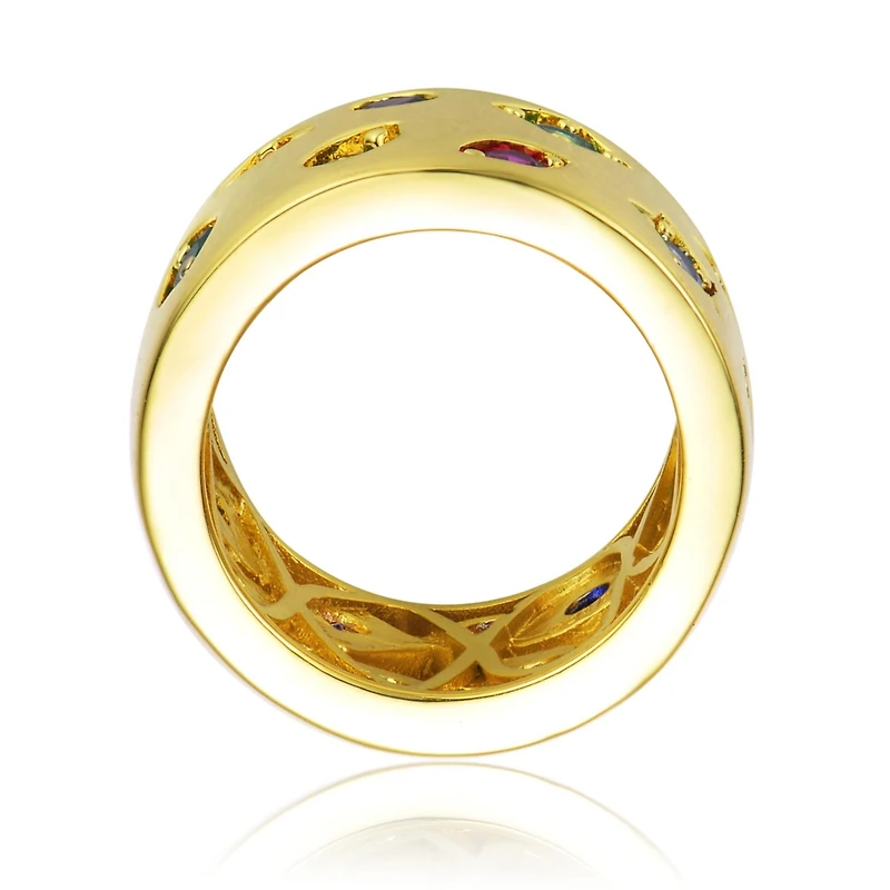 Radiant 14K Gold Plated Wide Band Ring with Spotted Multi-Colored Cubic Zirconia
