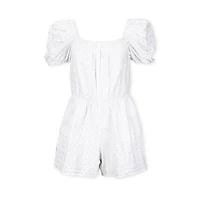 Hope & Henry Women's Organic Cotton Puff Sleeve Eyelet Romper
