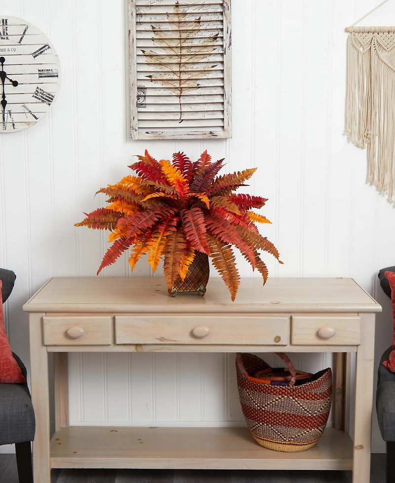 Nearly Natural Autumn Boston Fern Artificial Plant in Metal Planter