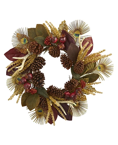 Nearly Natural 27" Magnolia Leaf, Berry, Antler & Peacock Feather Artificial Wreath