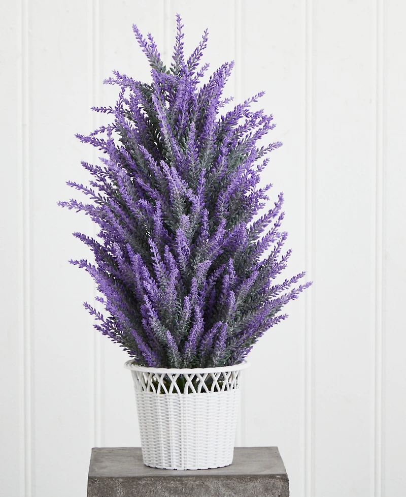 Nearly Natural Artificial Lavender Plant in White Wicker Planter