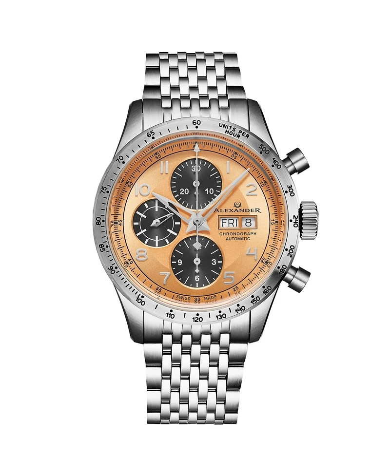 Alexander Megalos Men's Swiss Automatic Chronograph 43mm Silver Tone Stainless Steel Case Champagne Dial Sapphire Crystal 100M Water Resistant