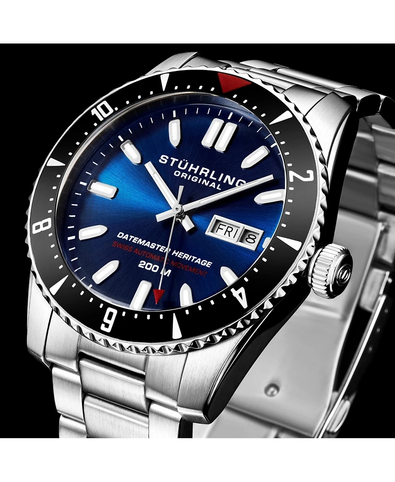 Stuhrling Men s Aquadiver 44mm Swiss Automatic Diver Watch, Blue Dial, Stainless Steel Bracelet, Day-Date, 200M Water Resistant