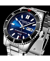 Stuhrling Men s Aquadiver 44mm Swiss Automatic Diver Watch, Blue Dial, Stainless Steel Bracelet, Day-Date, 200M Water Resistant