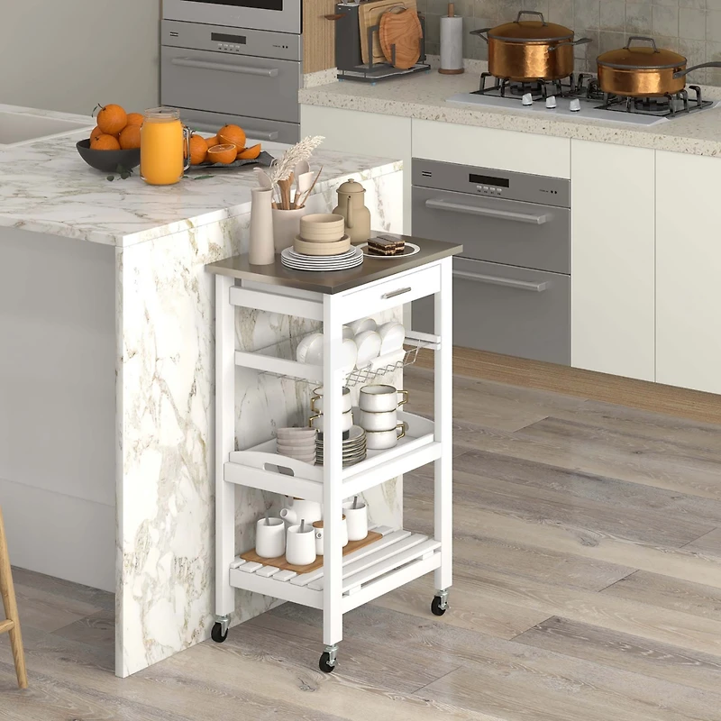 Compact Kitchen Island Cart Rolling Service Trolley with Stainless Steel Top Basket